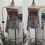 Old-Fashioned Green Shoulder Horn Sleeve Blouse Dye Net Yarn Lace Draw Rope Short T-Shirt