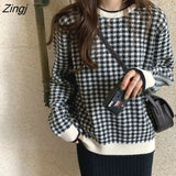 Women Plaid Knitted O-neck Loose Preppy Style Students Sweet Korean Stylish Chic Leisure Tops Harajuku Female