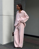 And Winter Solid-Color Lap-Over Sweater Set Women's Loose Knit Polo Collar Sweater Broad Leg Pants