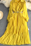 Autumn Women Turn-Down Collar Pleated Long Dress Vintage Single Breasted Lantern Sleeve High Waist Draped Maxi Robe