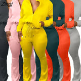 Solid Color Casual Two Piece Set Sexy Ladies Turn Down Collar Long Sleeves Jacket+High Waist Pants Clubwear