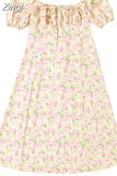 Vintage Summer Elegant Boho Floral Print Slit Maxi Dress Women French Romantic Puff Sleeves Urban Vacation Beach