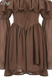 Retro Chic Brown Corset Pleated Summer Dress Off Shoulder Fashion Ruffles Patchwork Beach Women's Dress Sexy