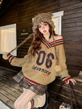 Brown V-neck Letter Print Oversize Sweater- Outfit