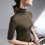 Zingj Slim Half-High Neck Five Part Sleeve T-Shirt Women's Design Sense Niche New Slim Bottom Shirt Middle Sleeve