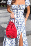 Women Floral Print Long Dress Summer Chic Short Sleeve Square Collar Split A Line Party Sundress Ladies Holiday Beach