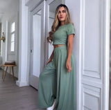 Summer Women's Round Neck Solid Color Sexy Wide Leg Pants Fashion Casual Suit
