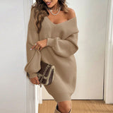 And Winter New Loose Knitting V-Neck Bow Long-Sleeved Sweater Dress