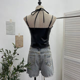 Shooting Locomotive Punk Pu Splicing Fishing Net Hanging Neck Sling Vest Babes Wearing Rope Repair Short Blouse