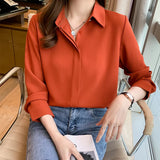 Women's Shirt Chiffon Blouses for Women Full Sleeve Button Up Tops Polo Neck Woman Blouse Tops Female 2023 Basic Shirts
