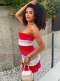 Sexy Women Summer Knit Slim Fit Dresses Contrast Color Striped Print Sleeveless Strapless Bodycon Mini Short