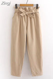 Spring Summer Bow Belt Solid Elastic High Waist Casual Harem Pants Korean Sweet Girls Ankle-Length Cotton Long