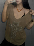 Sub-Series Cross Scald Copper Slanted Shoulder Loose Casual T-Shirt Hottie Street Sexy V-Neck On The