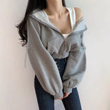 Solid Color Casual Zip Up Cropped HoodieOutfit