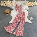 Zingj V-Neck Kink Sling Short Top High Waist Pleated Wide Leg Pants Two-Piece