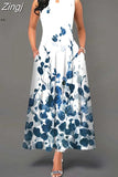 Boho Long Dresses Women Elegant Sleeveless Casual Floral Print Beach Party Maxi