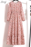 Women Elegant Floral Printed Long Dresses Spring Summer Casual O Neck Long Sleeve Ladies Chic High Waist A Line Beach