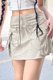 Y2K Harajuku Grey Tech High Waist Cargo Skirt Female 90s Aesthetic Streetwear Pockets Ribbon Summer Mini Skirts