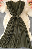 Women Green/Red/Beige Pleated Midi Dress Vintage V-Neck Draped Party Robe Female Elegant Casual Vestidos New Fashion