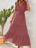 Maxi Dress Women Elegant Jacquard Sundress Female Boho Beach Green Long Dress Loose Retro Short Sleeve