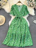 Women Floarl Dress Vintage V-Neck Short Sleeve Printed A-Line Elegant Midi Vestidos Female Casual Robe Bohemian 2023
