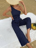 Elegant Women One Shoulder Jumpsuits Dots Pattern Print Wide Leg Pants Office Lady Summer Sleeveless Rompers 2023