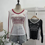 V-Neck Lace Letter-Print Fluoroskin Long-Sleeved T-Shirt Slimming Shirt Thin Top