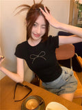 Zingj Summer Hot Girls Short Sleeve T-Shirt Women's Crop Black Bow Hot Diamond Slim Short Top