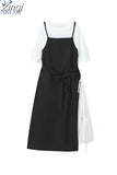 Split Dress Women Casual Patchwork Loose O-Neck Daily Korean Style Fake Two Piece 2023 Summer Chic Dresses