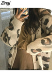 Women's Knitted Cardigan Leopard Print Sweater Oversized New Casual Jumper 2023 Autumn Winter Thick Sweater