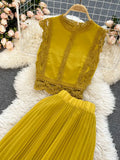 Lace Chiffon Two Piece Set Women Vintage Beach Party Sleeveless Short Tops Pleated Long Skirt Female 2pcs