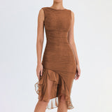 Zingj Women's Fashion Net Gauze Slim Show Back Solid Color Temperament Sexy Dress