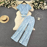Zingj Socialite Style Suit Female Summer Lace Embroidery Hollow Out V Neck Tied Waist Short Shirt Jacket Wide Leg Slim