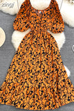 Women Printed Long Dress Vintage V-Neck Puff Short Sleeve A-Line Slim Vestidose Female Elegant Casual Robe New