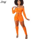 Women Set Off Shoulder Long Sleeve Slash Neck Crop Tops Skinny Pants Two 2 Piece Sets Fashion Sexy Outfits Summer