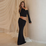 New Women's Fashion Personality Slanted Shoulder Metal Decorative Horn Sleeve Top High Waist Half Skirt