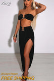 Velvet Sexy Strapless Crop Tube Top High Waist Slit Maxi Dress 2 Pcs Suits 2023 Summer Women Fashion Streetwear