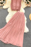 Lace Chiffon Two Piece Set Women Vintage Beach Party Sleeveless Short Tops Pleated Long Skirt Female 2pcs