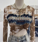 Shooting Hottie Perspective Dye Mesh Spliced Denim Long-Sleeved Shirt T-Shirt T-Shirt