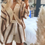 Women Knitted Cardigan with Striped Pattern Button Decoration Loose Version Street Style Spring Autumn Sweater