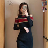 Winter Knitting Dresses for Women Sexy Strapless O-neck Long Sleeve Robe Femme Side Split Button Vestido Autumn 2023