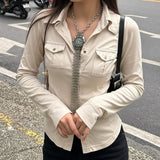 Waste Wind Single Buckle Shirt Women Retro Waist Thin Set New Double Pocket Sleeve