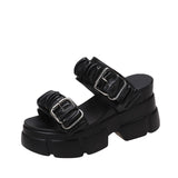 Pleated Cool Slippers Female 2025 Summer New Korean Fashion Belt Buckle Platform One Word High Heel