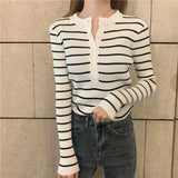 Striped Women Pullover Sweater Fashion Button Long Sleeve Knitted Slim Korean Jumper Causal High Elastic Ladies