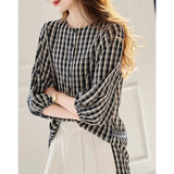 Gas Age Reduction Round Collar Plaid Women 2025 Summer New Fashion Shirt Tiling Single Buckle