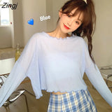 Women Solid Long Sleeve See-through Sun Protection Crop Tops Thin 2020 Summer Trendy Sweet Casual Womens Ulzzang
