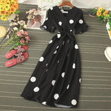 Polka Dot Midi Dress Summer 2023 Sexy V-neck Flare Sleeve Casual Vestidos Verano Elegant Blue/White Sashes Dresses