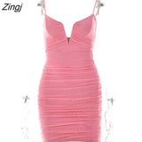 Spaghetti Strap Ruched Dress Women 2022 Spring Sexy Slim Elegant Clubwear Solid Sleeveless Backless Sheath Dress