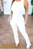 Summer Women Ribbed Tank Jumpsuit Casual Solid Color Sleeveless O Neck Back Zipper Bodycon Long Pants Streetwear
