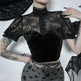 Dark Summer New Trend Sexy Slim Lace Perspective Spider Web Design Blouse